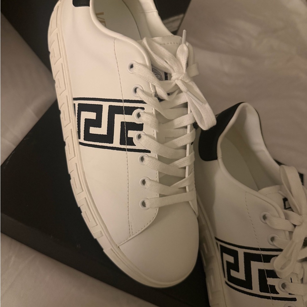 Versace White and Black Greek Key Sneakers